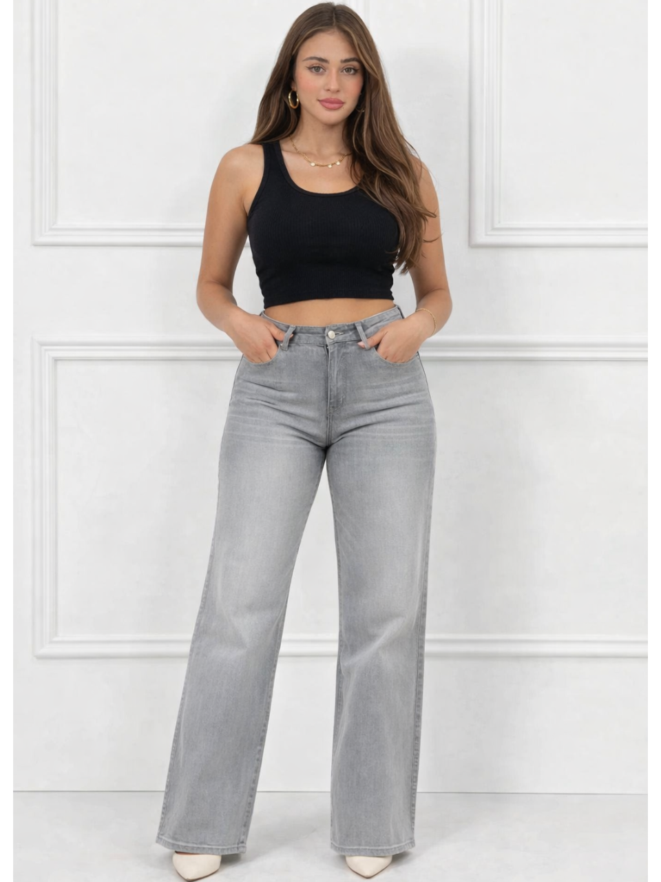 Pantalón ancho que se adapta a las curvas – Talle medio – Gris nube