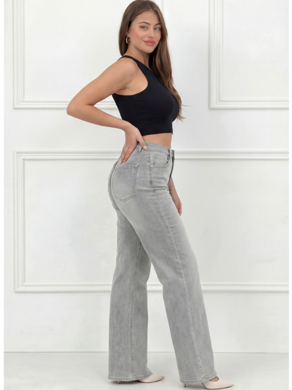 Pantalón ancho que se adapta a las curvas – Talle medio – Gris nube