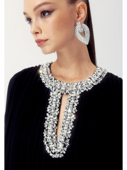 Yvonne Vestido de Chifón Plisado con Plumas Diamante