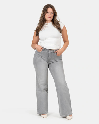 Pantalón ancho que se adapta a las curvas – Talle medio – Gris nube