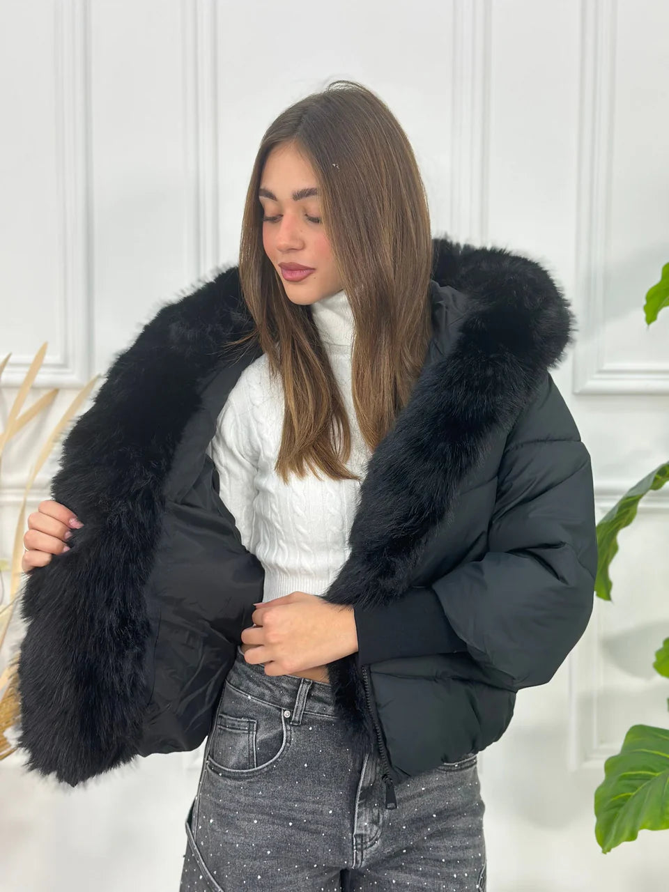 Chaqueta Oversize con Cuello de Pelo Desmontable