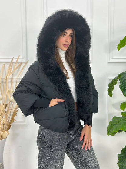 Chaqueta Oversize con Cuello de Pelo Desmontable