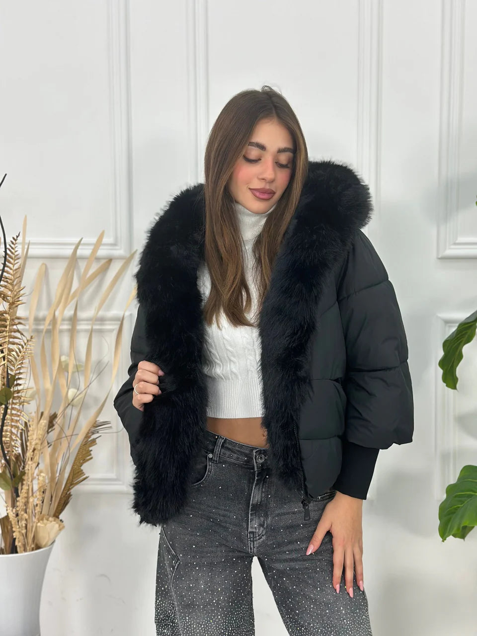 Chaqueta Oversize con Cuello de Pelo Desmontable