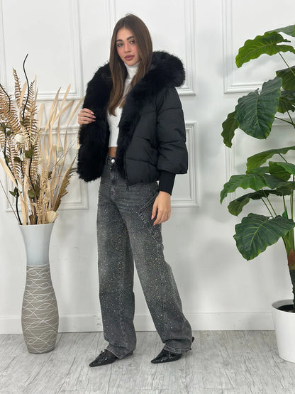 Chaqueta Oversize con Cuello de Pelo Desmontable