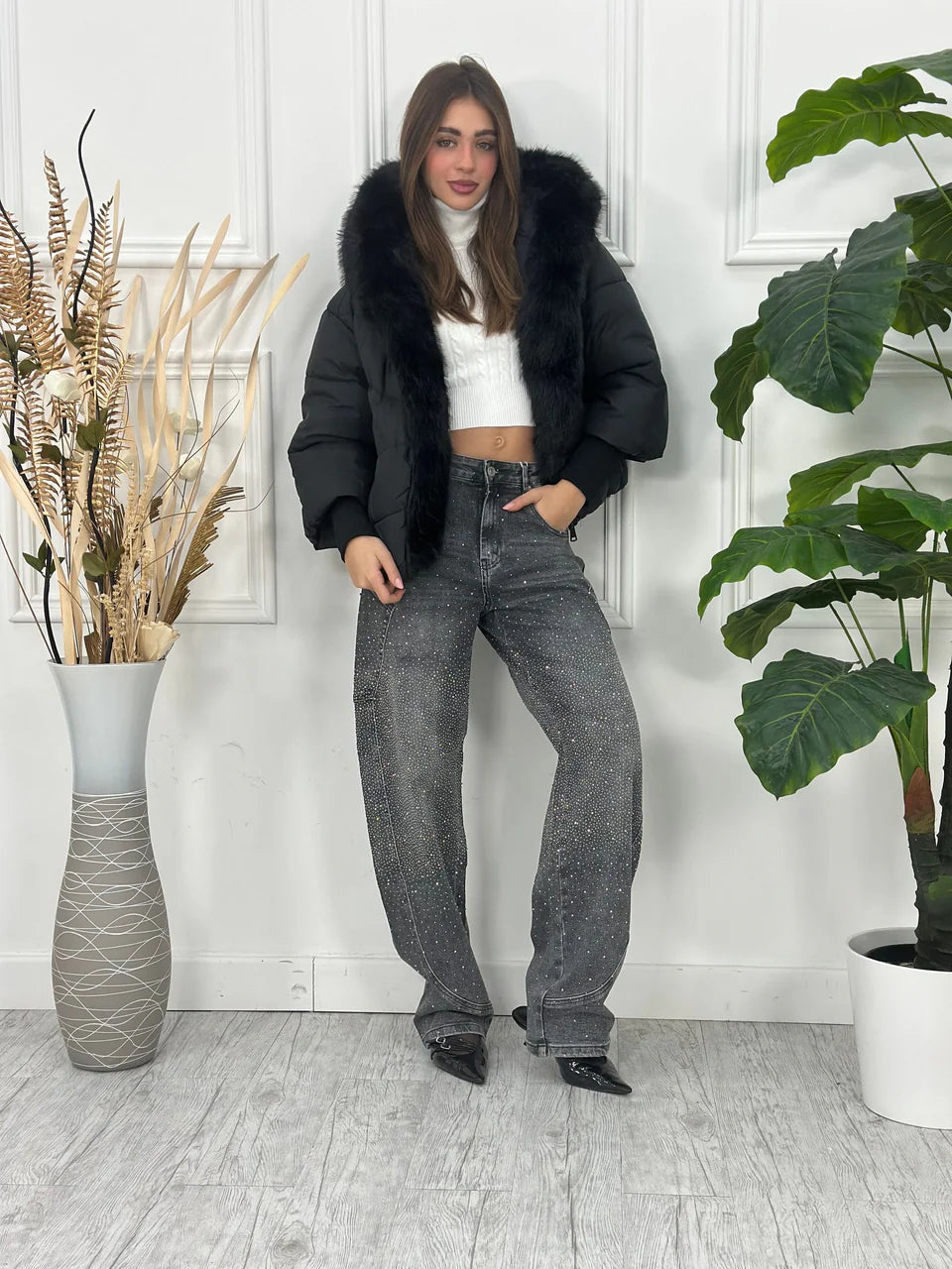 Chaqueta Oversize con Cuello de Pelo Desmontable