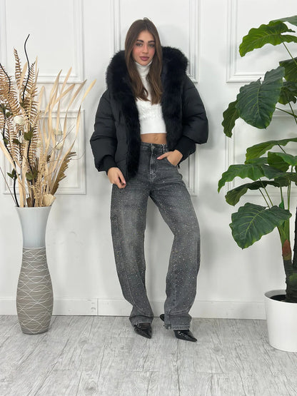 Chaqueta Oversize con Cuello de Pelo Desmontable